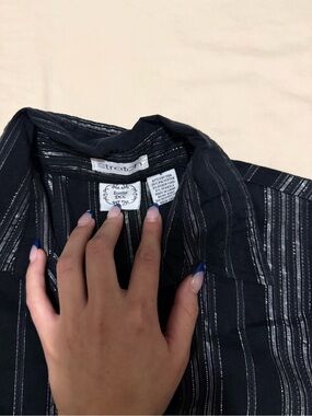 Black Striped Button-Up Shirt with Silver Pinstripes